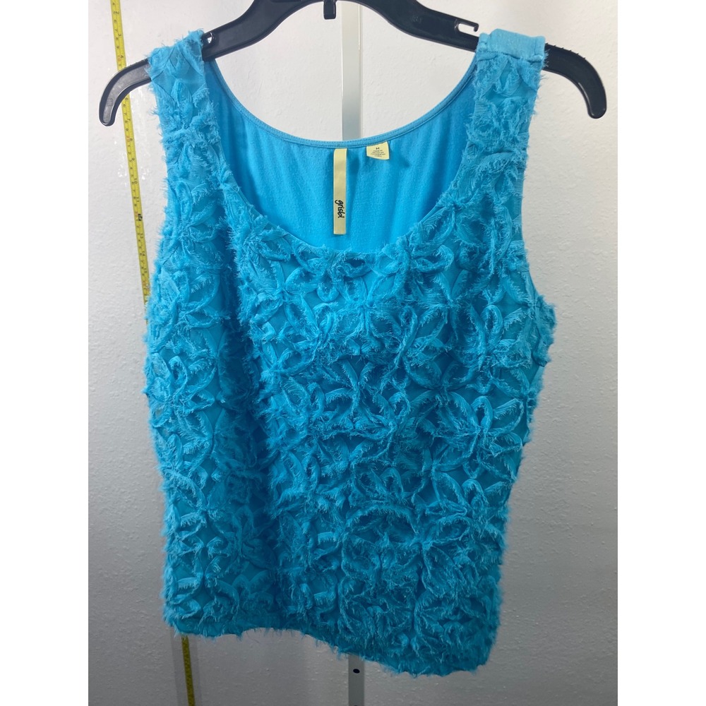 Grisbi Turquoise Blue Textured Rosette Fringe Sleeveless Scoop Neck‎ Top Medium